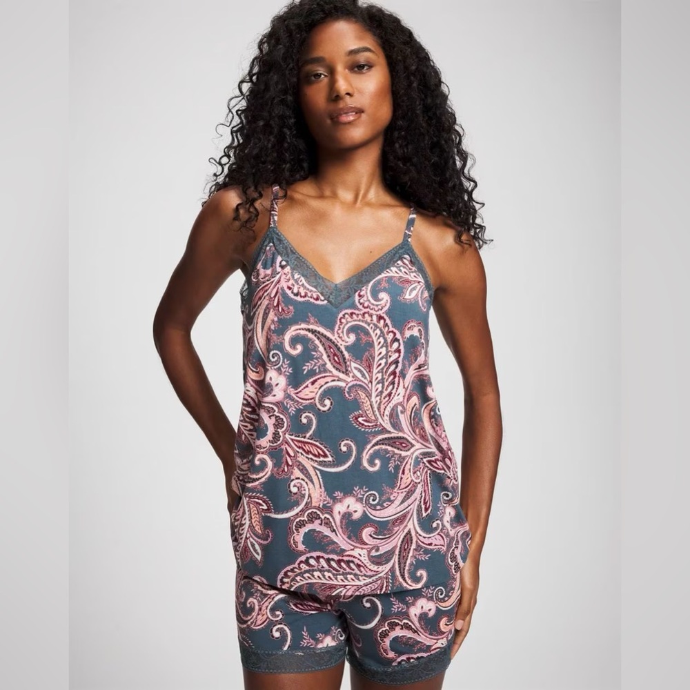Soma Pink Paisley Lace-Trim Cami & Short Pajama Set - Blue/Pink